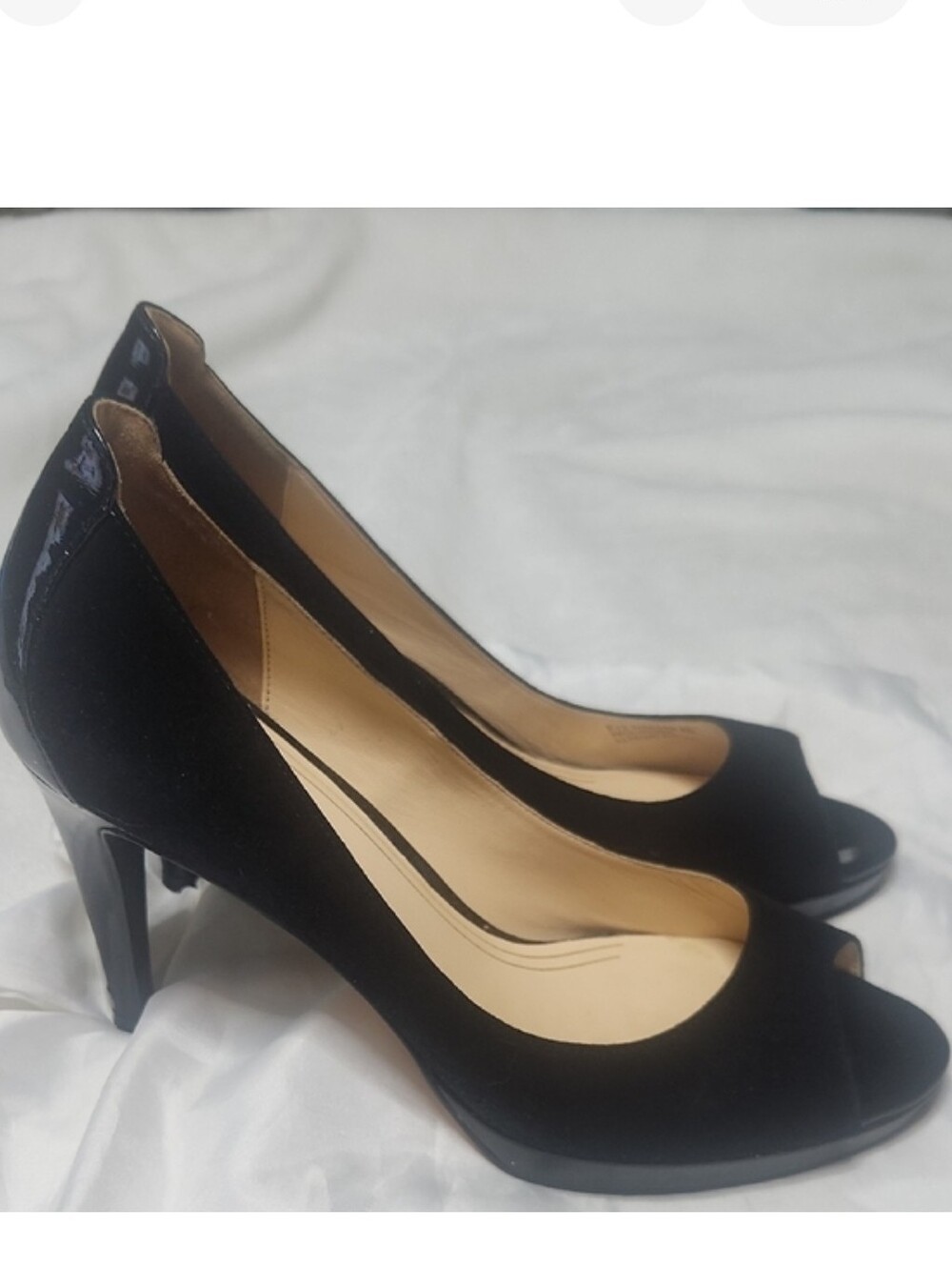 Cole Haan Black Suede Peep-Toe Pumps  Heel Accent